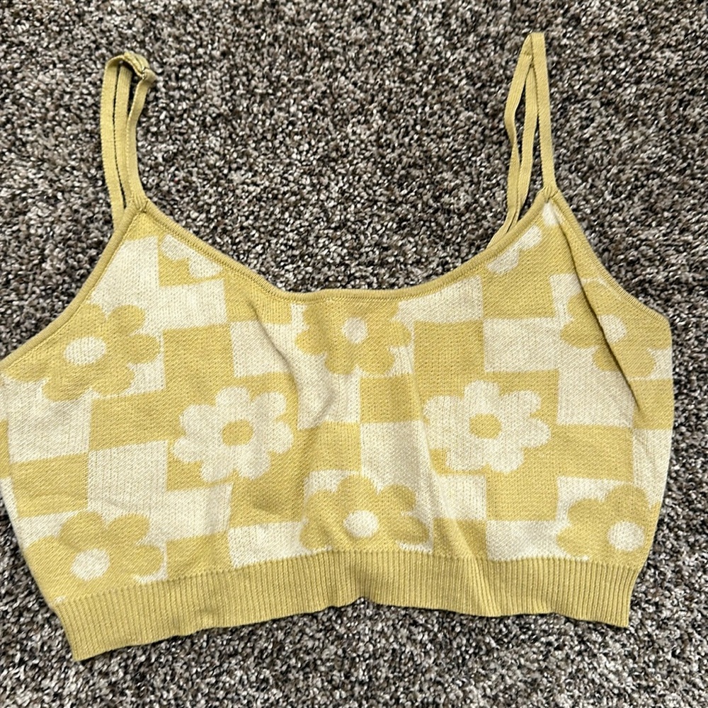Floral Check Knit Crop Tank Top - Yellow